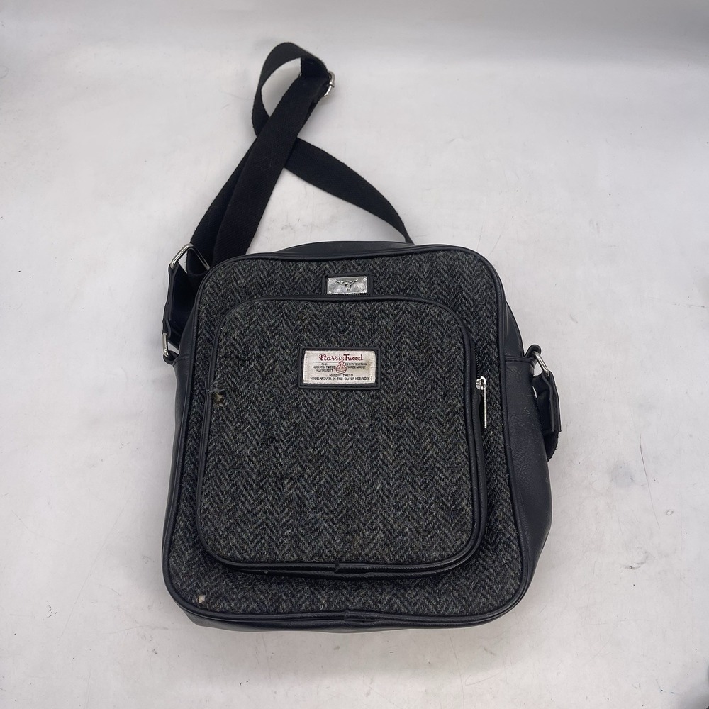 Glen Appin Harris Tweed Plaid Crossbody Bag, Gray Zip Closure